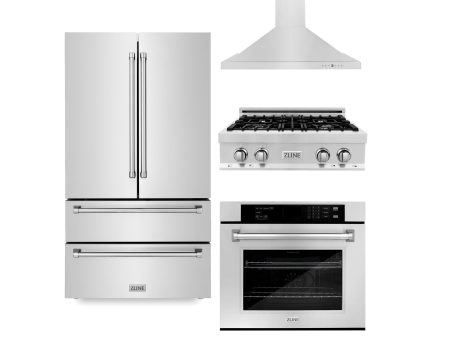 ZLINE Kitchen Package with Refrigeration, 30 in. Stainless Steel Rangetop, 30 in. Range Hood and 30 in. Single Wall Oven (4KPR-RTRH30-AWS) Sale