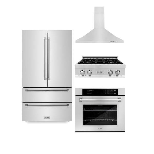 ZLINE Kitchen Package with Refrigeration, 30 in. Stainless Steel Rangetop, 30 in. Range Hood and 30 in. Single Wall Oven (4KPR-RTRH30-AWS) Sale