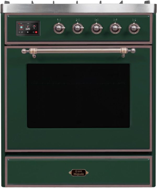 Majestic II 30 Inch Dual Fuel Natural Gas Freestanding Range in Emerald Green with Bronze Trim For Discount