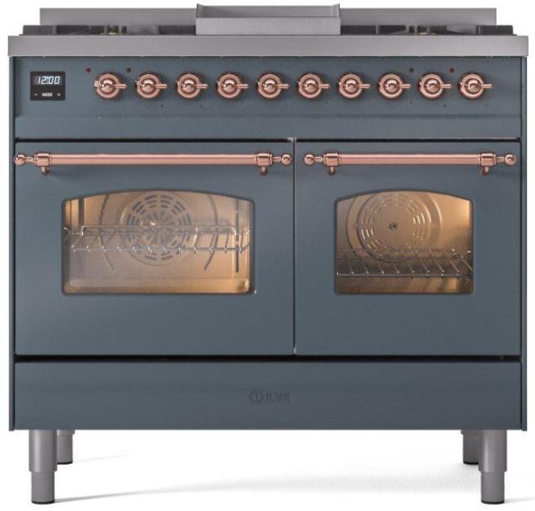 Nostalgie II 40 Inch Dual Fuel Liquid Propane Freestanding Range in Blue Grey with Copper Trim Hot on Sale